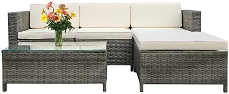 5 piece outdoor patio sectional furniture set, weather resistant rattan outside couch, waterproof conversation sofa for balcony,