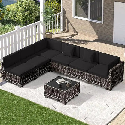 7 Piece Outdoor Patio Furniture Set, Outdoor Sectional Furniture, Rattan Chairs Glass Table Wicker Conversation Seating Sectiona