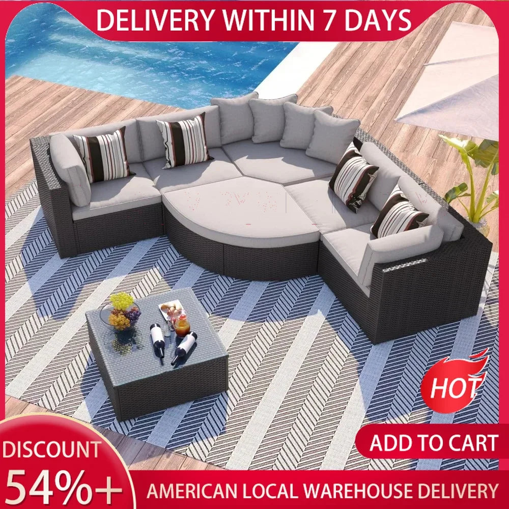 7-Piece Outdoor Patio Cushioned Half Moon Sofa Set