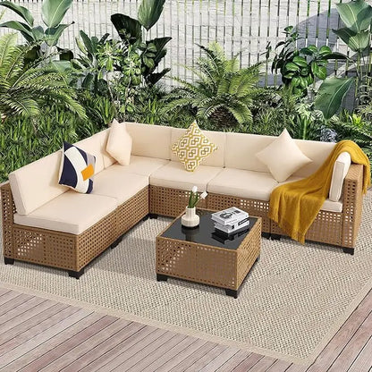 7 Piece Outdoor Patio Furniture Set, Outdoor Sectional Furniture, Rattan Chairs Glass Table Wicker Conversation Seating Sectiona