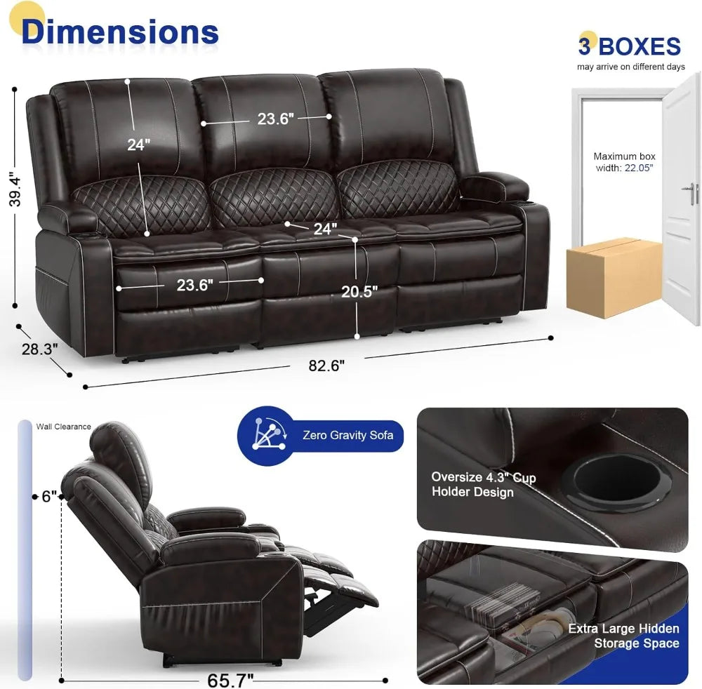 3 Seater Recliner Sofa with Liftable Console, USB Ports
