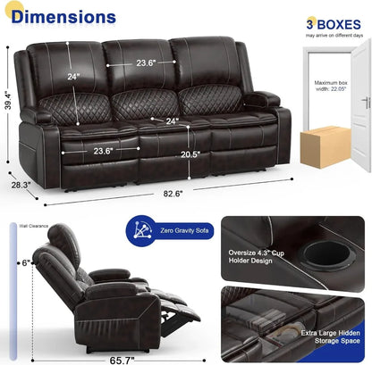 3 Seater Recliner Sofa with Liftable Console, USB Ports