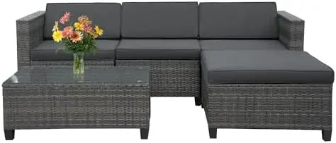 5 piece outdoor patio sectional furniture set, weather resistant rattan outside couch, waterproof conversation sofa for balcony,